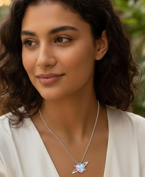 Model wearing pink heart necklace